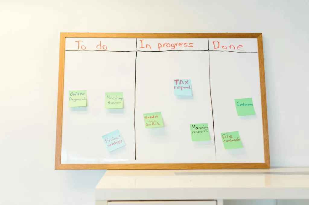 A whiteboard with colorful sticky notes organized into to-do, in-progress, and done categories, ideal for task management.